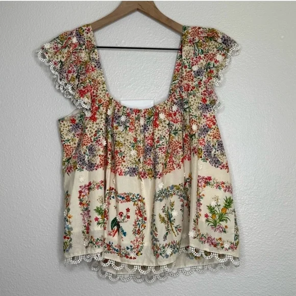 FARM Rio Delicate Forest Scarves Square Neck Embroidered Blouse, Small - Picture 3 of 5